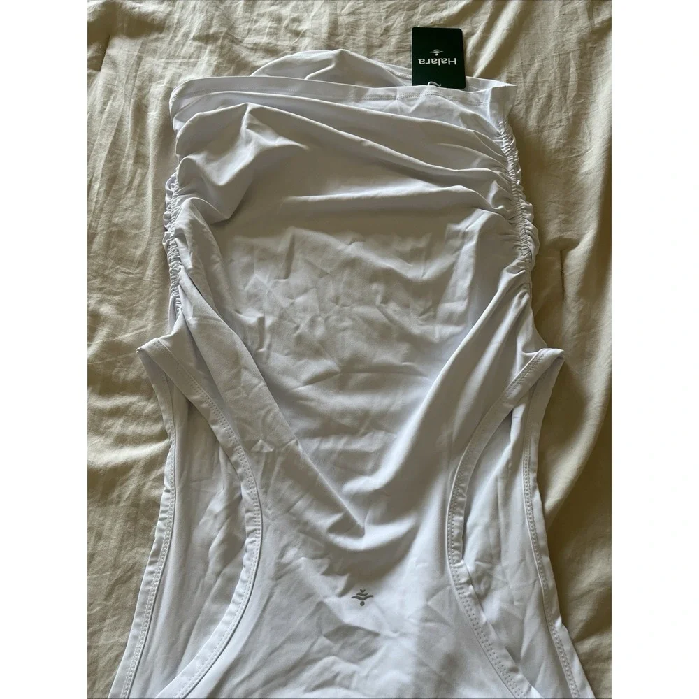 HALARA Softly Zero Ruched Curved Hem High Neck Tank‎ Top White Size Small
